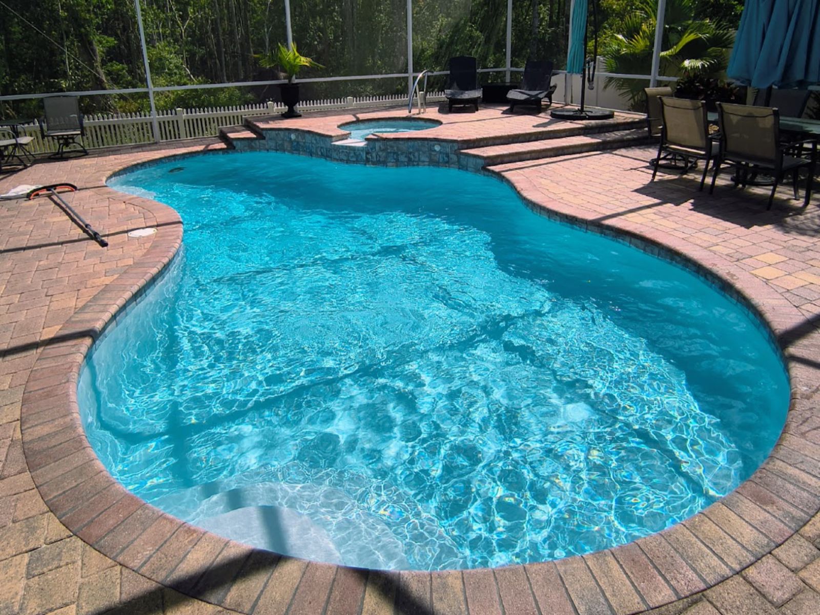 Freeform screened-in backyard swimming pool with attached raised spa, paver deck, and lounge seating.