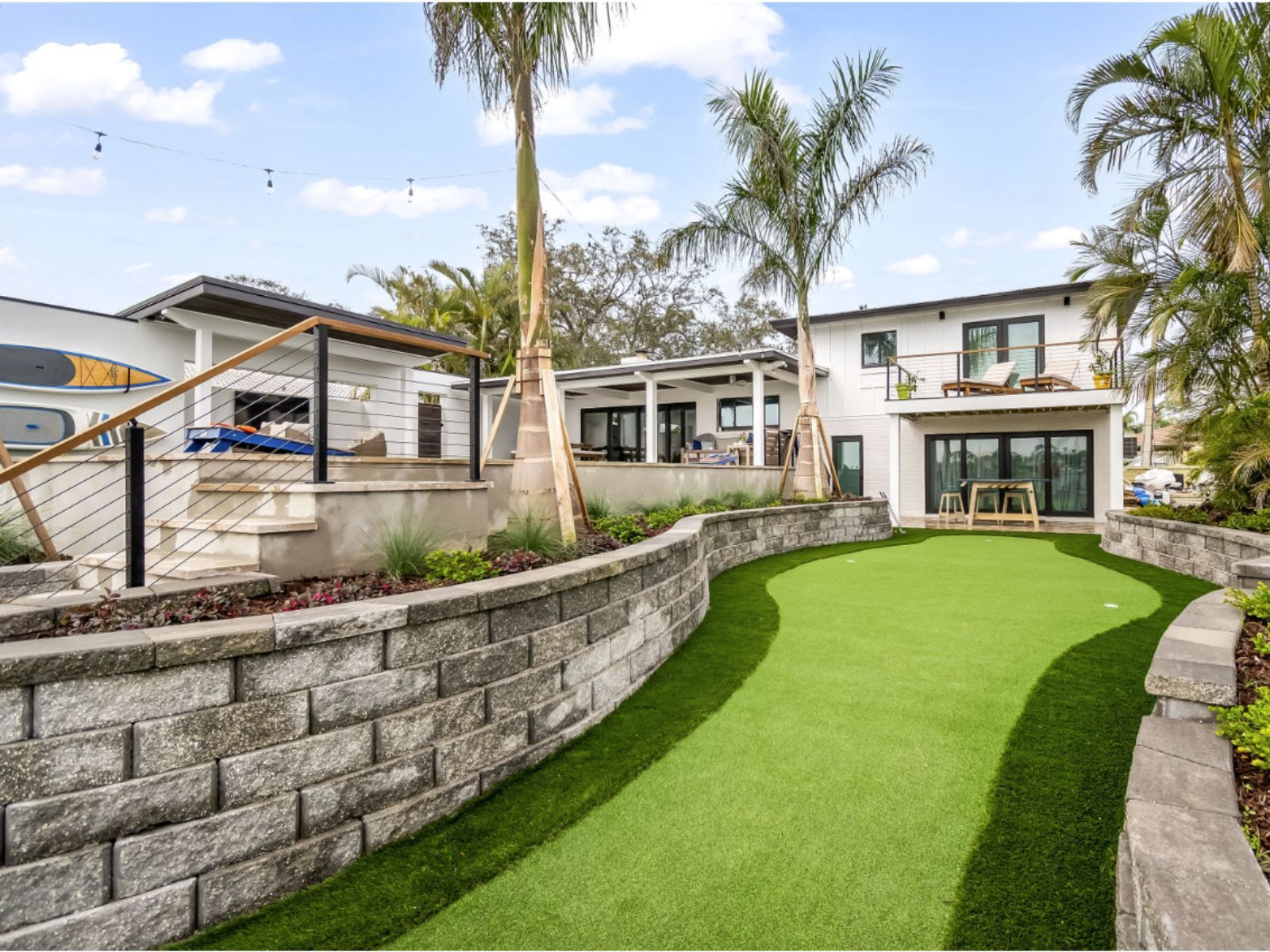 Modern backyard with artificial turf, flourishing plants, and stylish home design, featuring steps and a decorative stone wall.