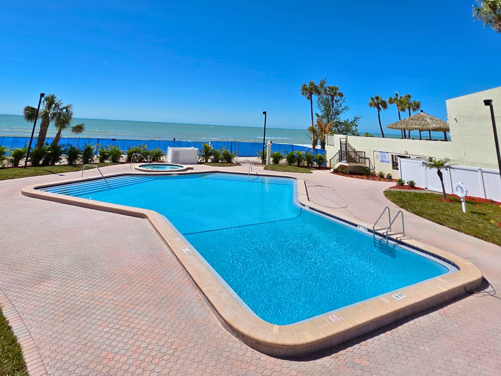Oceanfront hotel swimming pool with clear blue water, palm trees, and beach view