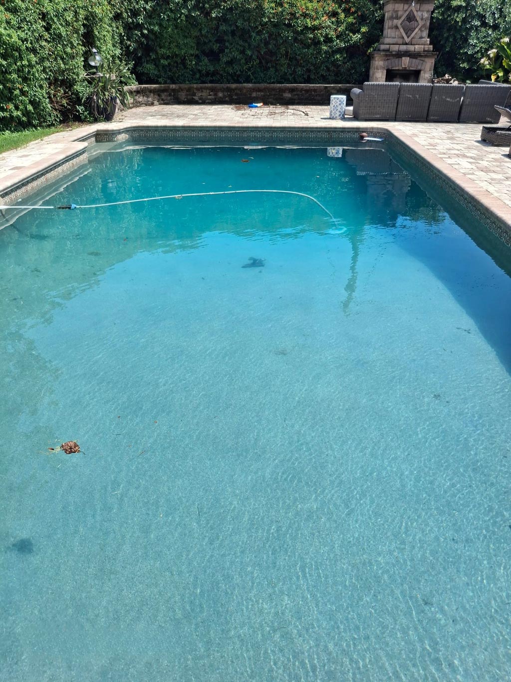 Before and after pool cleaning showing green algae water transformed into clear blue swimming pool