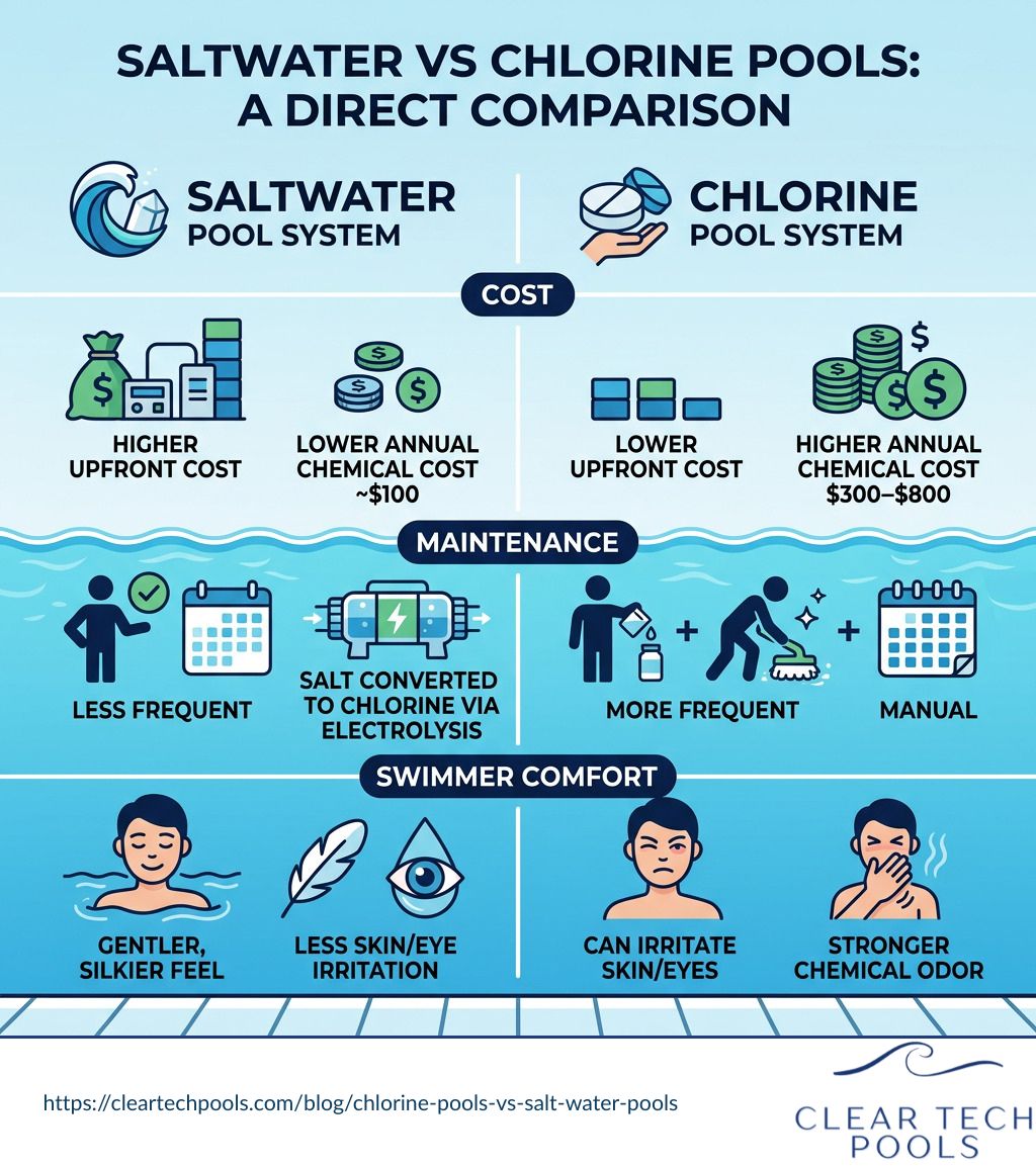Side-by-side comparison infographic of saltwater vs chlorine pool systems: cost, maintenance, and comfort - chlorine pools
