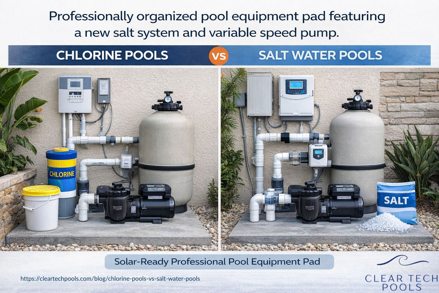 A professionally organized pool equipment pad featuring a new salt system and variable speed pump - chlorine pools vs salt
