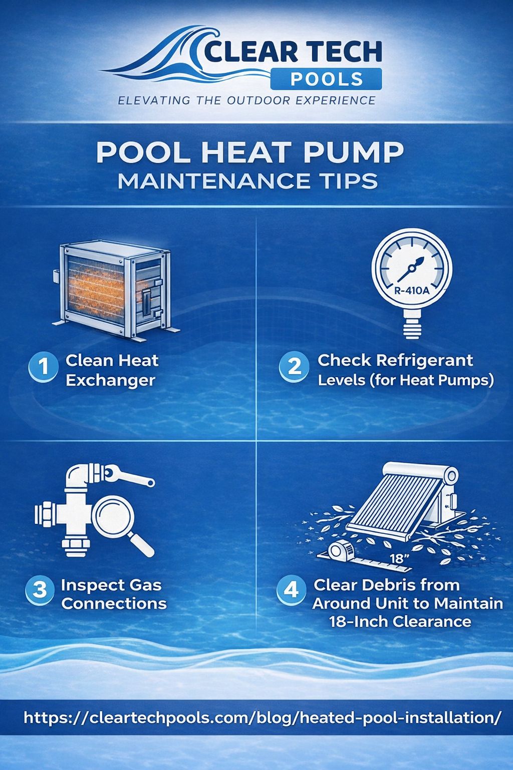 Infographic with maintenance tips for pool heat pumps, including cleaning the heat exchanger, checking refrigerant, inspecting gas connections, and clearing debris.