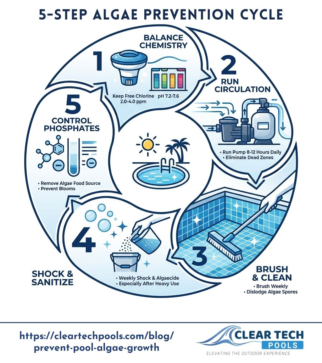 5-step algae prevention cycle infographic showing chemistry, circulation, brushing, shocking, and phosphate control