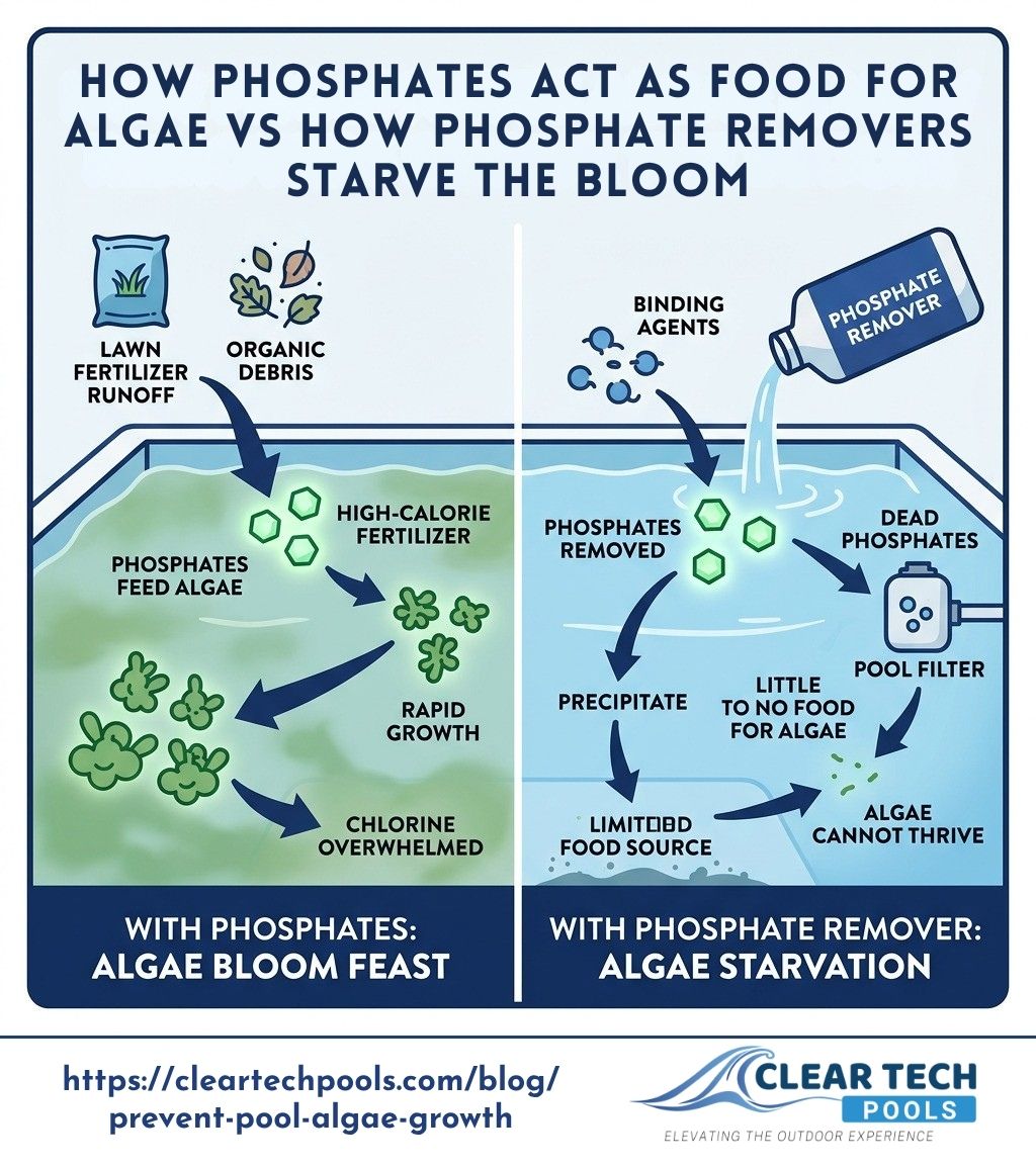 infographic showing how phosphates act as food for algae and how phosphate removers starve the bloom - prevent pool algae