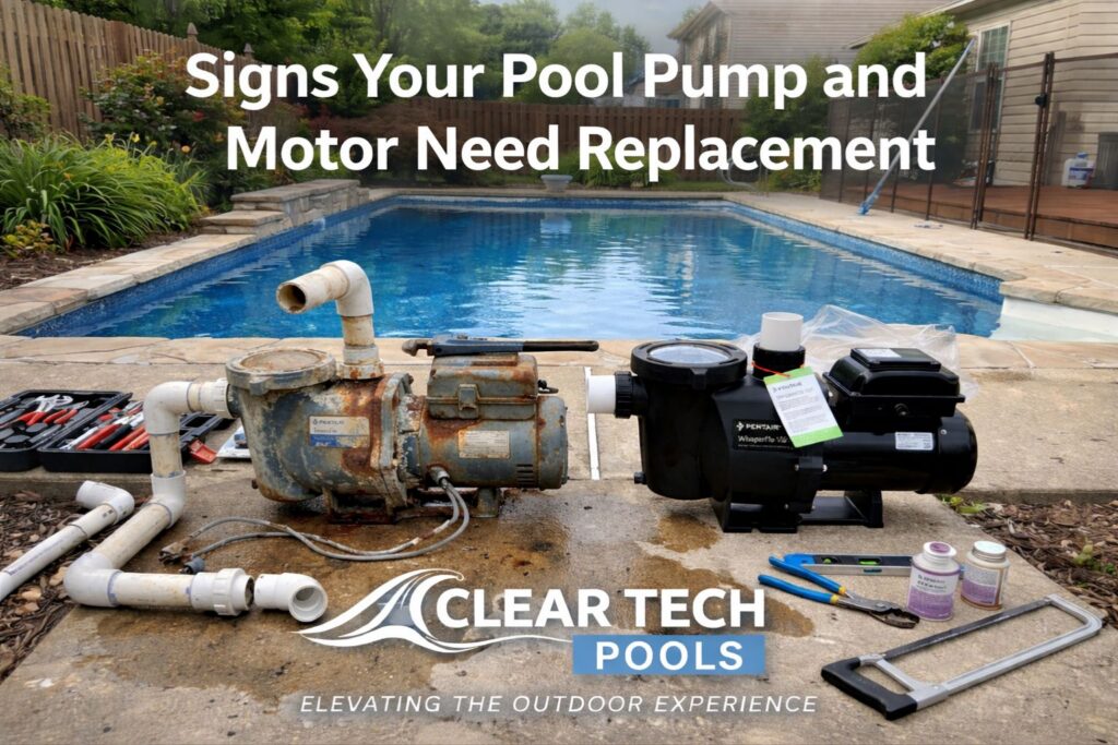 Backyard pool with two pool pumps, one old and rusted, the other new. Tools and chemicals are scattered nearby.
