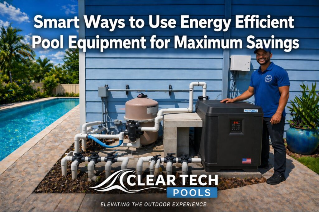 Pool technician standing next to energy-efficient pool equipment, including an AquaChill system, demonstrating smart ways to optimize pool energy usage for maximum savings. Clear Tech Pools offers expert solutions for energy-efficient pool equipment.