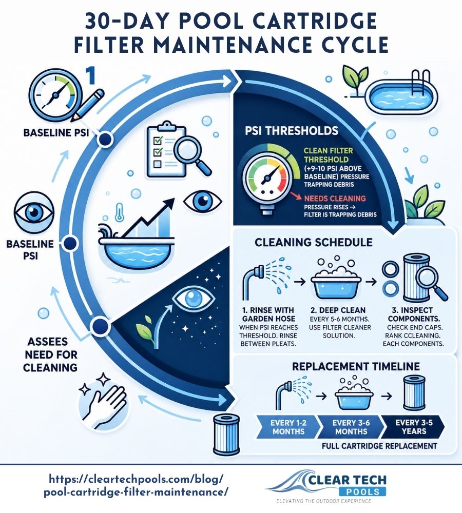 "Infographic detailing a 30-day pool cartridge filter maintenance cycle, including baseline PSI thresholds, cleaning schedule, and replacement timeline for optimal pool performance.