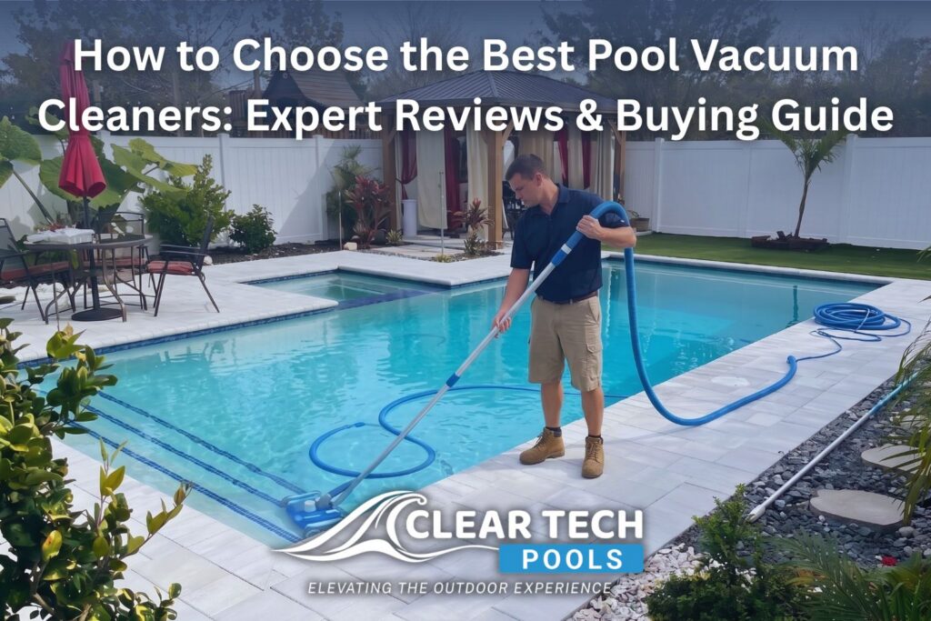 A professional pool cleaner using a pool vacuum to clean a residential swimming pool. The image shows the pool, surrounded by a well-maintained backyard, with lounge chairs, lush plants, and a fence. This visual emphasizes pool cleaning expertise and outdoor maintenance.