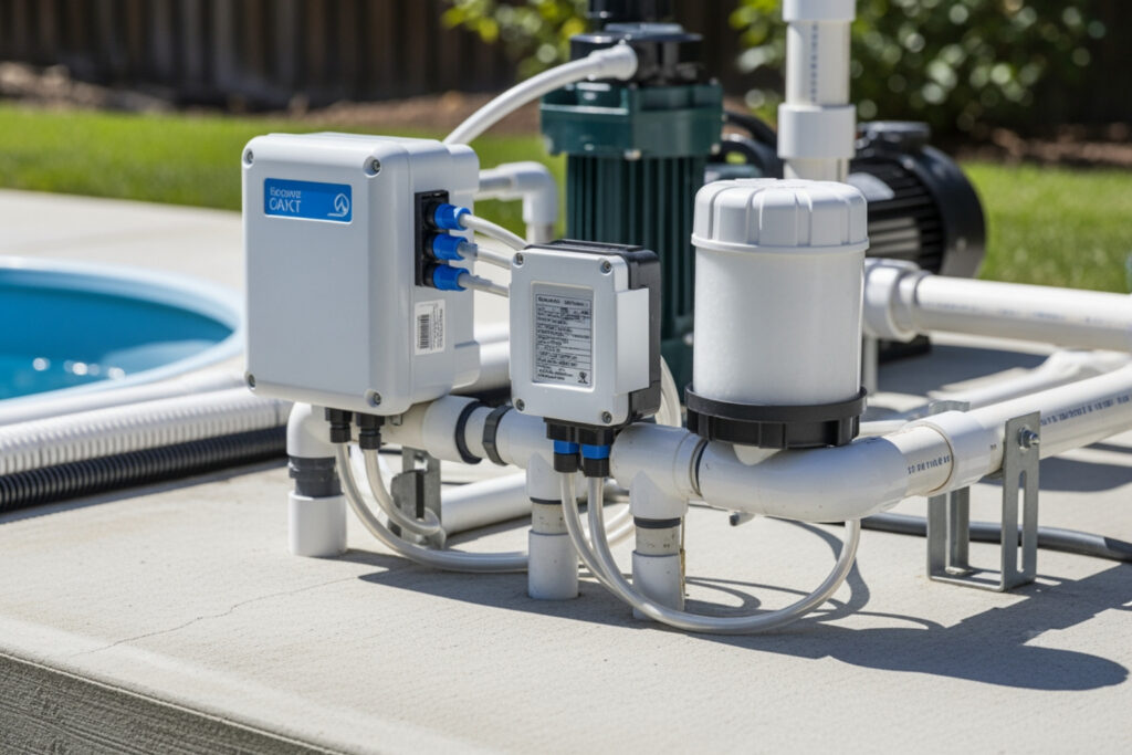 Comparison image of pool systems showing chlorine pools vs. saltwater pools, including pool pump and filtration equipment setup. Outdoor backyard pool maintenance visual highlighting differences in chemical systems, water treatment, and residential pool care.