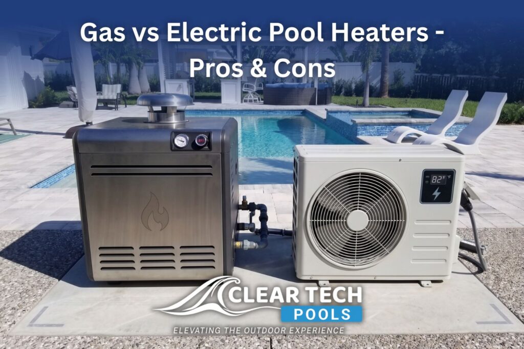Comparison of a gas pool heater and an electric pool heater next to a swimming pool, showcasing the pros and cons of each type for homeowners looking to heat their pool efficiently.