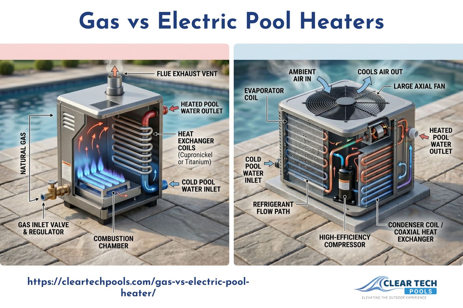 user-inserted Detailed comparison of a gas vs electric pool heater showing labeled components, including combustion chamber, heat exchanger, refrigerant flow path, evaporator coil, high-efficiency compressor, flue exhaust vent, and electrical hookup, illustrating the installation and functionality differences for homeowners considering pool heating options.
