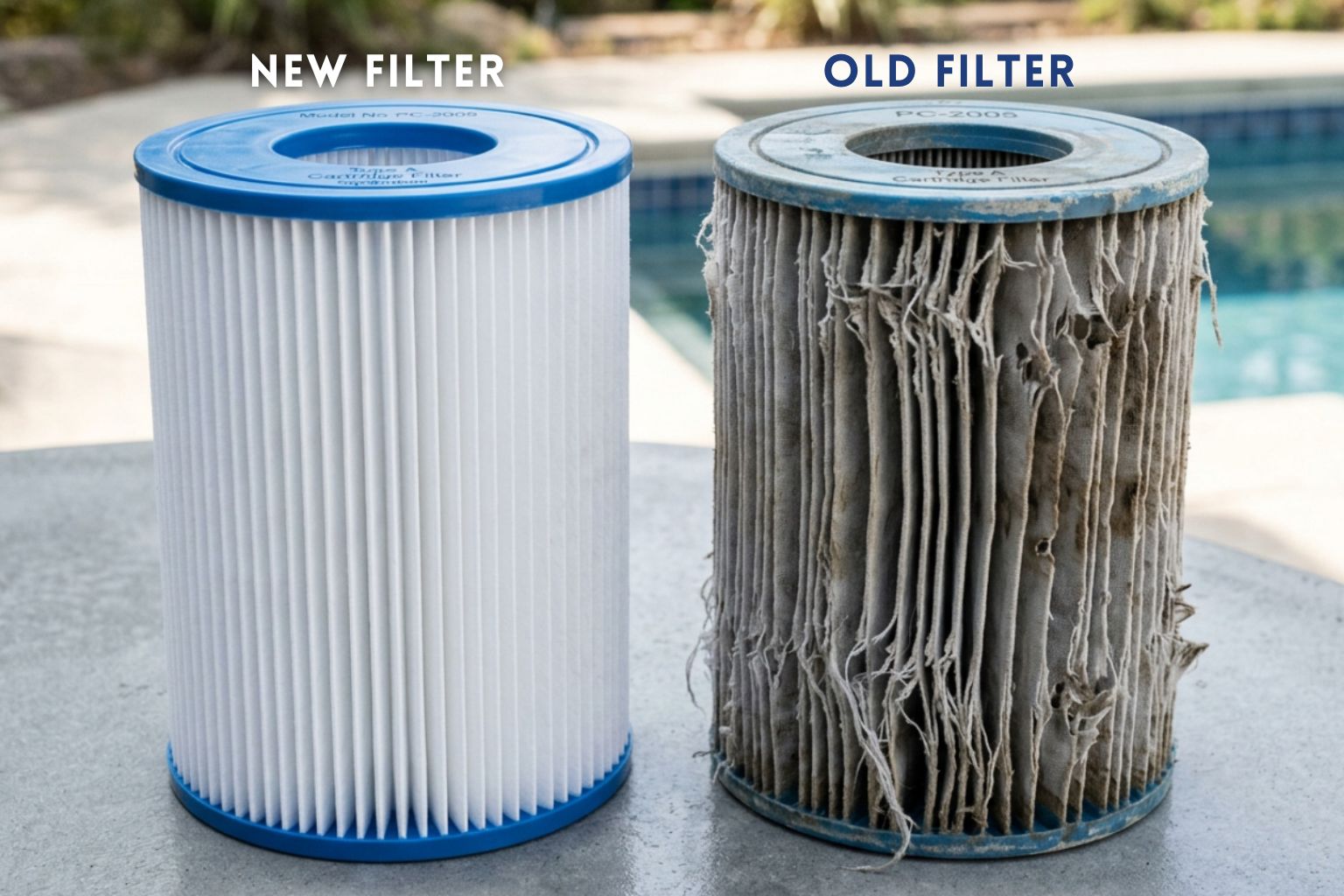 Comparison of a new and old pool cartridge filter, showing the difference in condition with the new filter clean and white, and the old filter dirty and worn with damaged pleats.