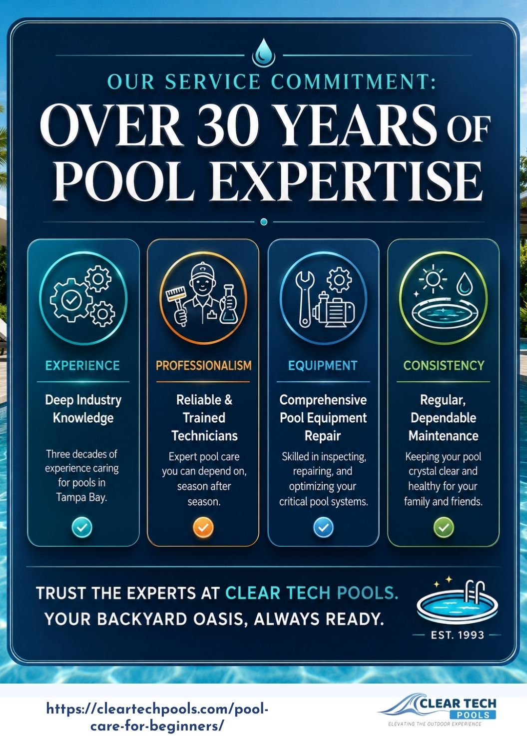 Clear Tech Pools: Over 30 years of pool expertise in Tampa Bay. Offering professional, reliable pool care, equipment repair, and consistent maintenance to keep your pool in top condition.