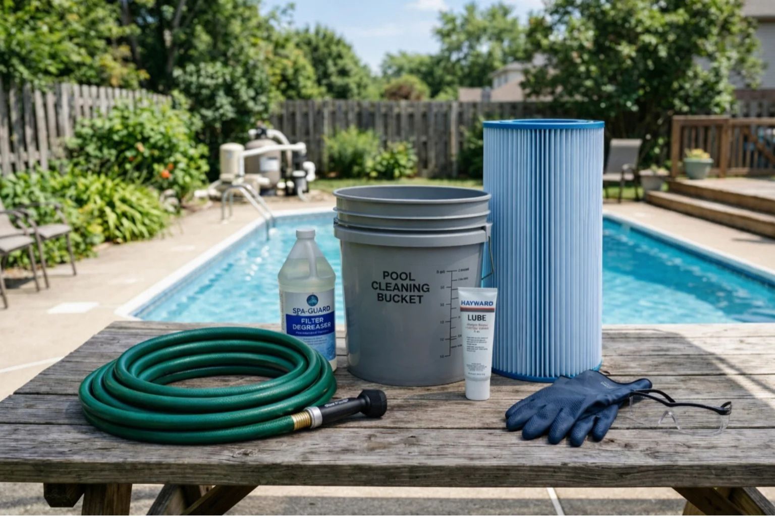 Pool cleaning tools for cartridge filter maintenance, including a cleaning bucket, filter degreaser, hose, lube, gloves, and safety goggles, with a pool in the background.
