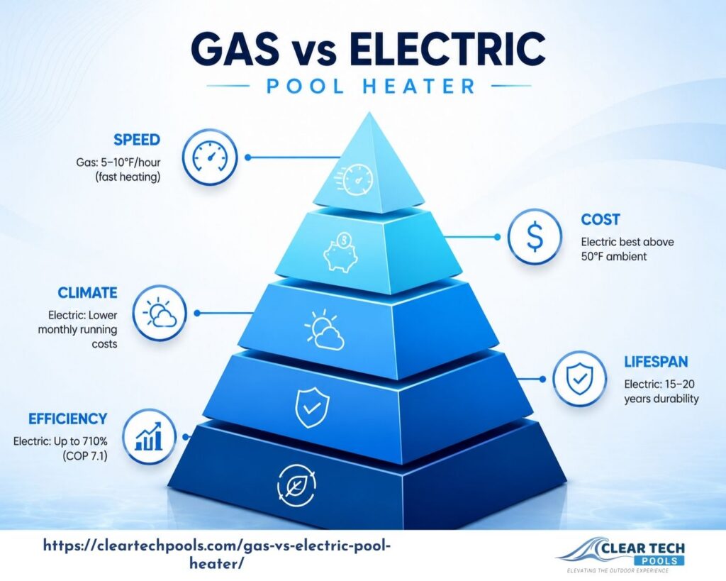 Gas vs Electric Pool Heaters - Pros & Cons 1 Infographic comparing gas vs electric pool heaters highlighting speed, cost, climate impact, lifespan, and efficiency for residential pools, from Clear Tech Pools.