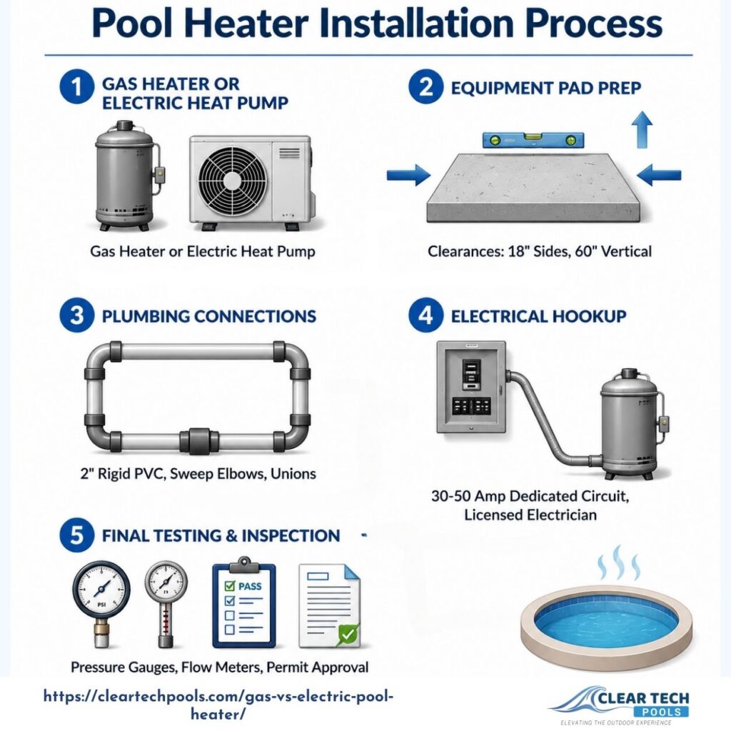 Gas vs Electric Pool Heaters - Pros & Cons 2 Professional pool heater installation process showing step-by-step setup of gas and electric pool heaters, including equipment pad prep, plumbing connections, electrical hookup, and final inspection for residential pools.