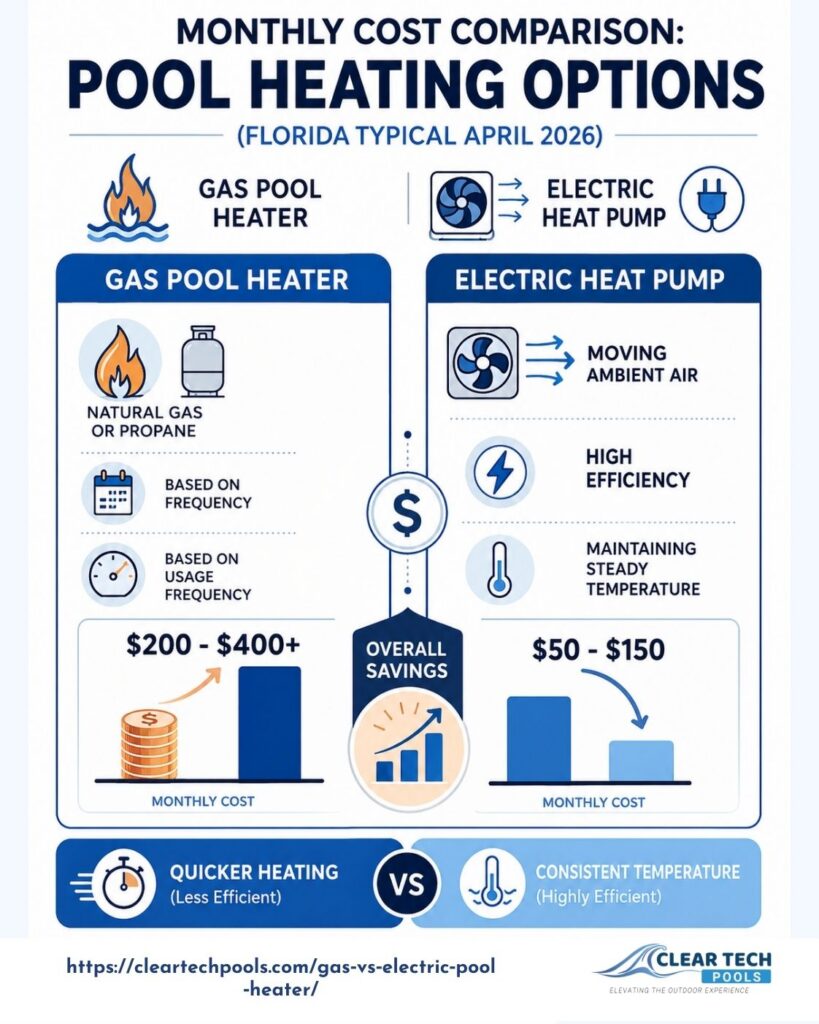 Gas vs Electric Pool Heaters - Pros & Cons 3 Infographic comparing monthly pool heating costs in Florida for gas pool heaters versus electric heat pumps, highlighting efficiency, speed, and overall savings for homeowners.