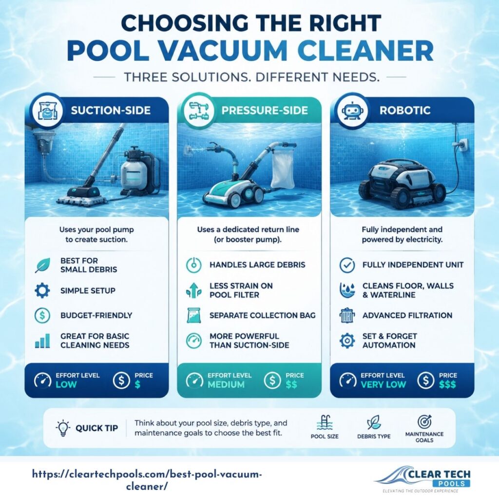 How to Choose the Best Pool Vacuum Cleaners: Expert Reviews & Buying Guide 1 Infographic comparing three types of pool vacuum cleaners: Suction-Side, Pressure-Side, and Robotic. Each type is visually represented, highlighting key features such as debris handling, setup complexity, and cost. The infographic helps homeowners choose the best pool vacuum based on pool size, debris type, and maintenance goals.