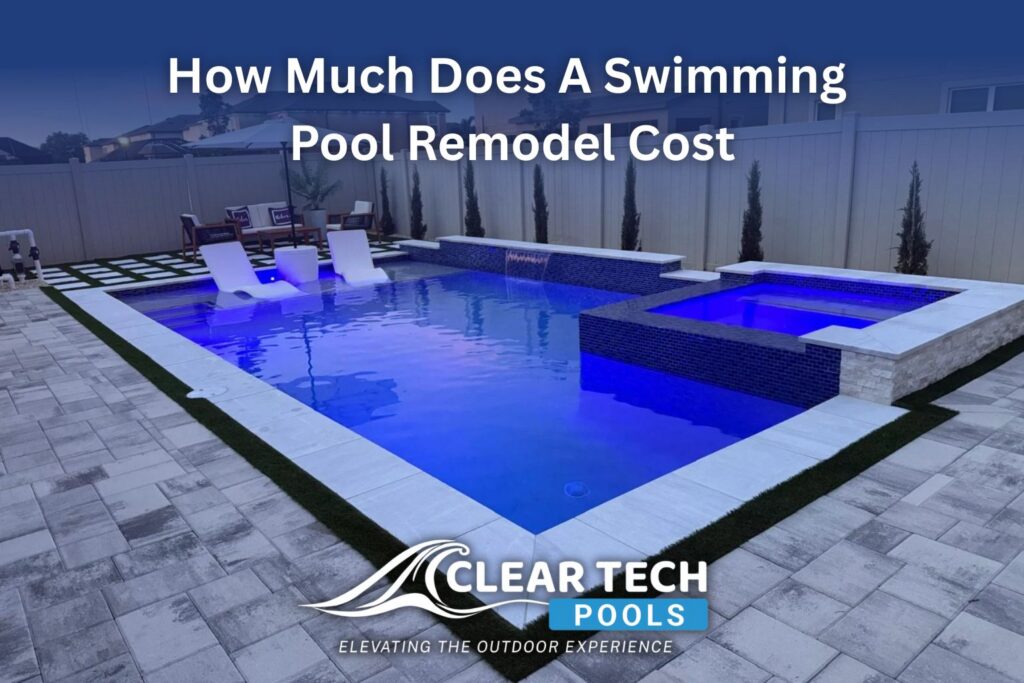 A beautiful backyard with a modern swimming pool and spa featuring blue LED lighting, showcasing the costs involved in a pool remodel. Learn about swimming pool remodeling costs and how to elevate your outdoor space with Clear Tech Pools
