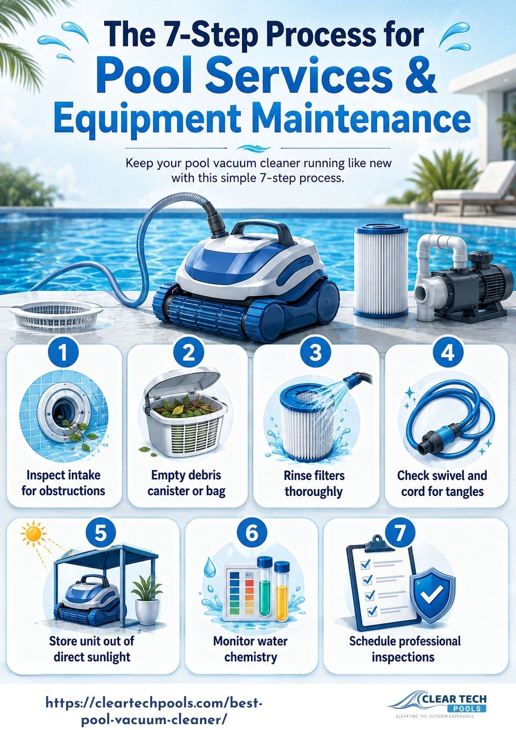 How to Choose the Best Pool Vacuum Cleaners: Expert Reviews & Buying Guide 2 Infographic illustrating a 7-step pool services and equipment maintenance process, showing how to inspect intake, empty debris, rinse filters, check hoses, store equipment properly, monitor water chemistry, and schedule professional inspections to keep pool vacuum systems and equipment running efficiently and extend lifespan.