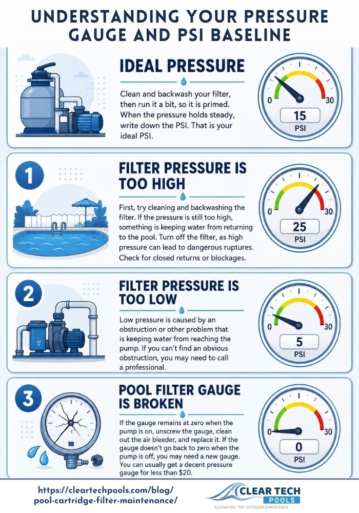 Infographic explaining how to understand your pool filter PSI gauge and baseline, with tips for ideal pressure, handling high or low pressure, and troubleshooting a broken filter gauge.