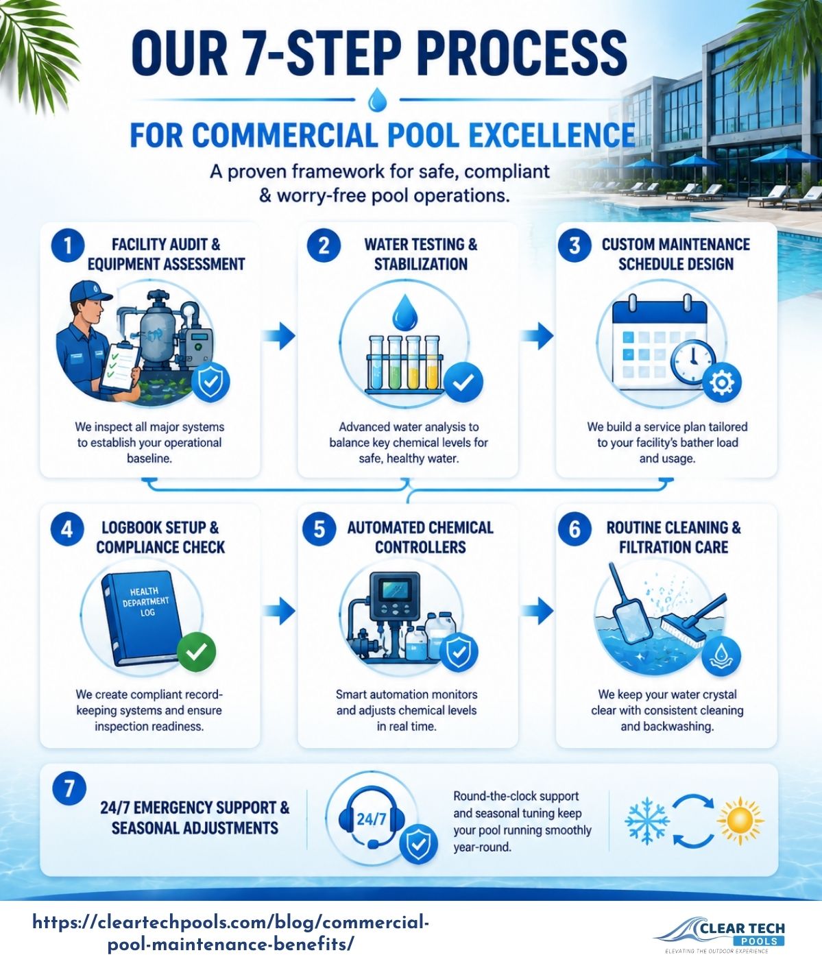 Infographic showing a 7-step commercial pool maintenance process including water testing, compliance checks, chemical automation, cleaning, filtration care, and 24/7 support by Clear Tech Pools.