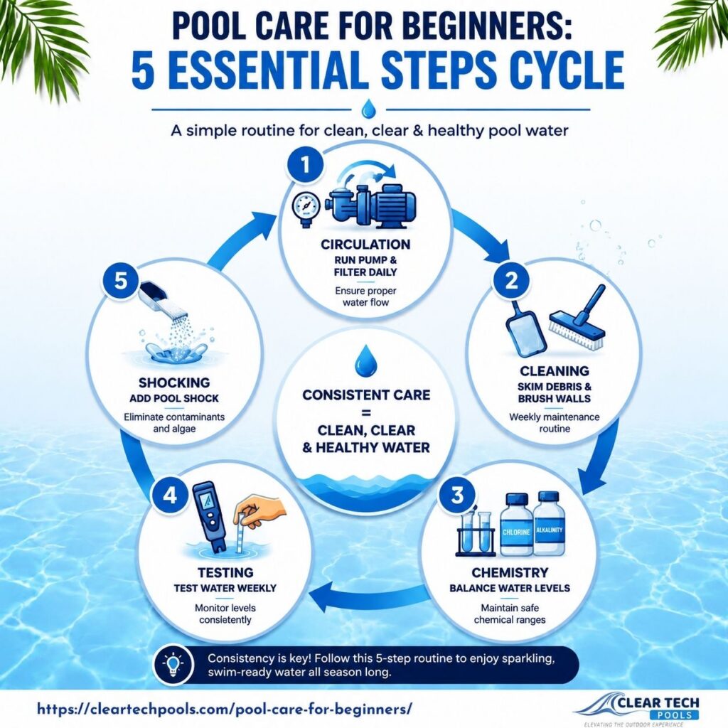 Infographic showing a 5-step pool care routine for beginners, including circulation, cleaning, water chemistry balancing, weekly testing, and adding pool shock, for clean, clear, and healthy pool water by Clear Tech Pools.