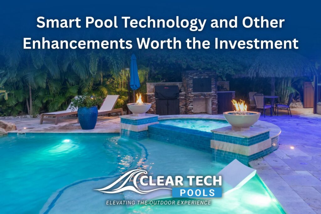 Luxury backyard pool with spa, fire features, and outdoor kitchen, showcasing swimming pool enhancements.